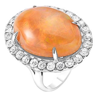 Oval Opal and Diamond Cocktail Ring 18 Karat White Gold, Estate Size 7 For Sale