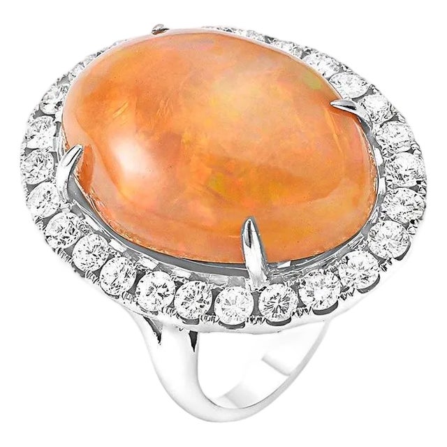 Oval Opal and Diamond Cocktail Ring 18 Karat White Gold, Estate Size 7 For Sale