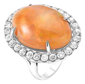 Oval Opal and Diamond Cocktail Ring 18 Karat White Gold, Estate Size 7
