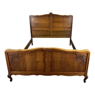 Vintage French Louis XVI Style Double Bed Frame in Oak with Carved Headboard For Sale