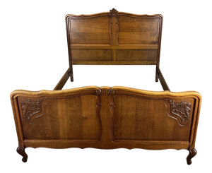 Vintage French Louis XVI Style Double Bed Frame in Oak with Carved Headboard
