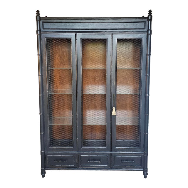 Faux Bamboo Cabinet, Black 1950's Display Cabinet For Sale