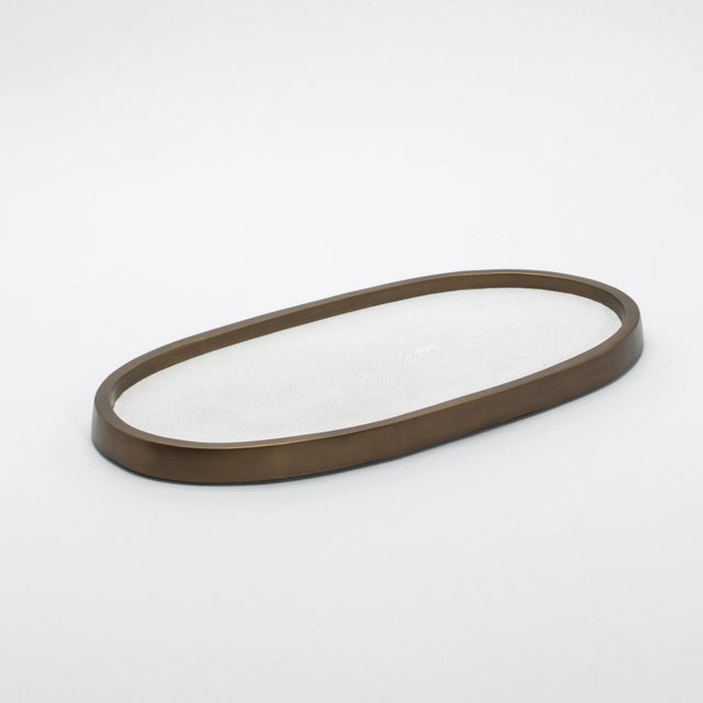 Modern Oval Tray in White Shagreen With Bronze Patina Brass by Kifu Paris For Sale - Image 3 of 10