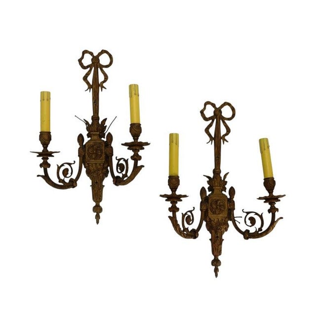 1920s Pair of Antique Louis XIV Style Gilt Bronze 2-Light Sconces C1920 For Sale - Image 5 of 8