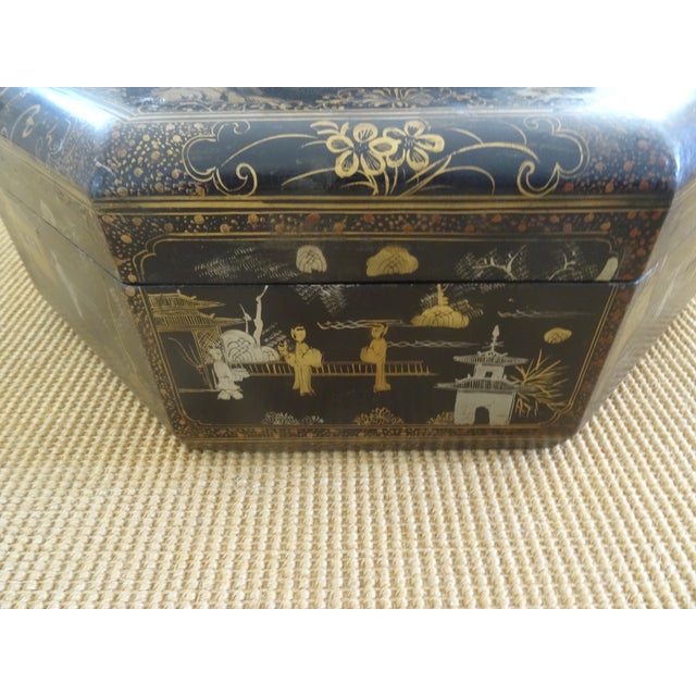 Chinese Large Antique Chinese Laquer Covered Box For Sale - Image 3 of 7