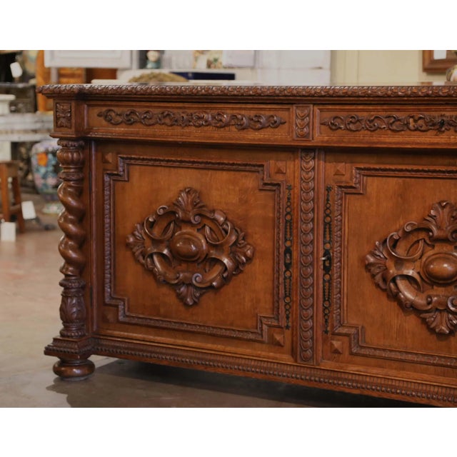 19th Century French Louis XIII Carved Oak Buffet With Parquetry Top For Sale - Image 4 of 12