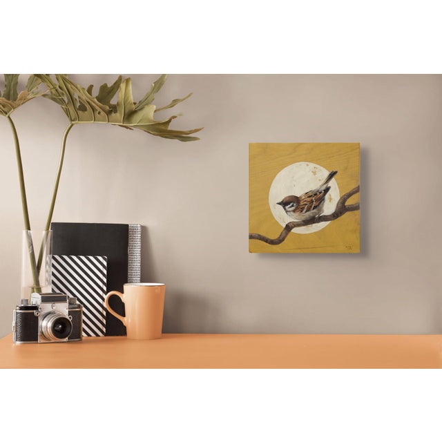 Sparrow by Terra Novak | Oil on wood Painting of a sparrow perched on a branch with a moon background For Sale - Image 4 of 5