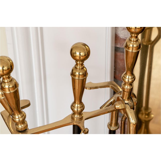 Traditional Vintage Brass and Wrought Iron Fireplace Tool Set—6 Pieces For Sale - Image 3 of 4