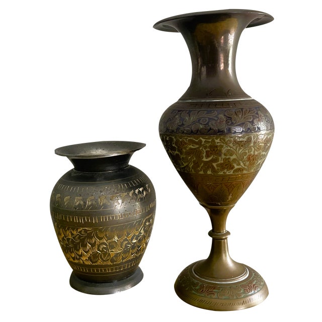 Oriental Indian Etched Brass Vessel Vases, 1990s, Set of 2 For Sale
