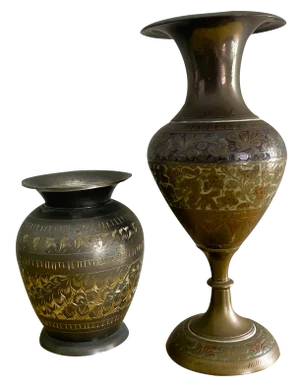 Oriental Indian Etched Brass Vessel Vases, 1990s, Set of 2
