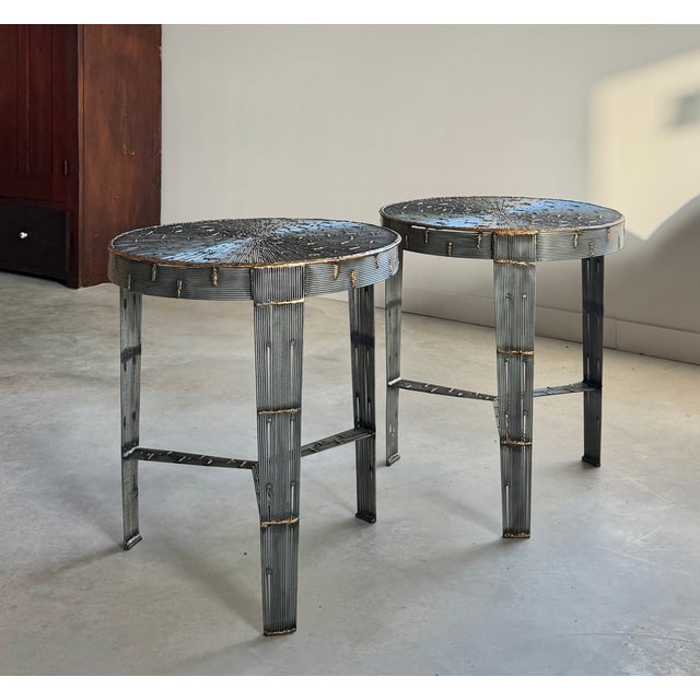 Round Pair of Hand-Welded Steel Rod Brutalist Tables, Set of Two, Tripod Legs For Sale - Image 9 of 17
