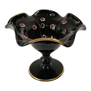 Vintage Black Glass Enamel “Cosmos” Daisy Pedestal Compote Candy Dish For Sale