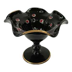Vintage Black Glass Enamel “Cosmos” Daisy Pedestal Compote Candy Dish