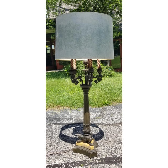 French Provincial 1940s Candelabra Style Gold Lamp With Marble Base With Shade For Sale - Image 3 of 8