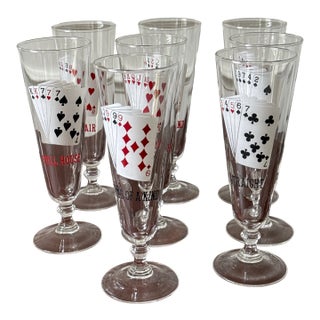 Mid 20th Century Pilsner Poker Hands Footed Glasses— Set of 8 For Sale