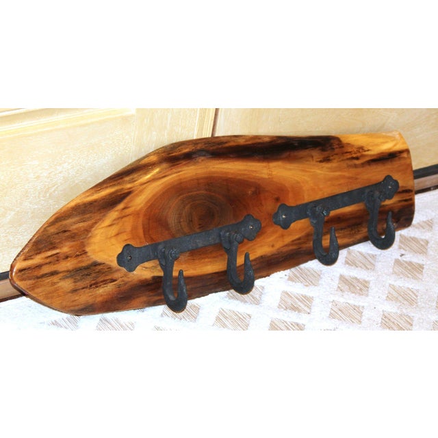 Wood Handmade Raw Edge Wood Plank Coat Rack W/ 4 Large Cast Iron Hooks For Sale - Image 7 of 8