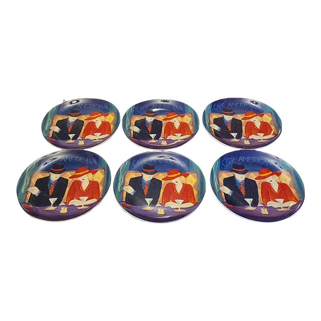 Set of 6 Colorful Sango Nostalgic “Cafe Americana” Decorative Plates Oval Platters, Late 20th Century For Sale