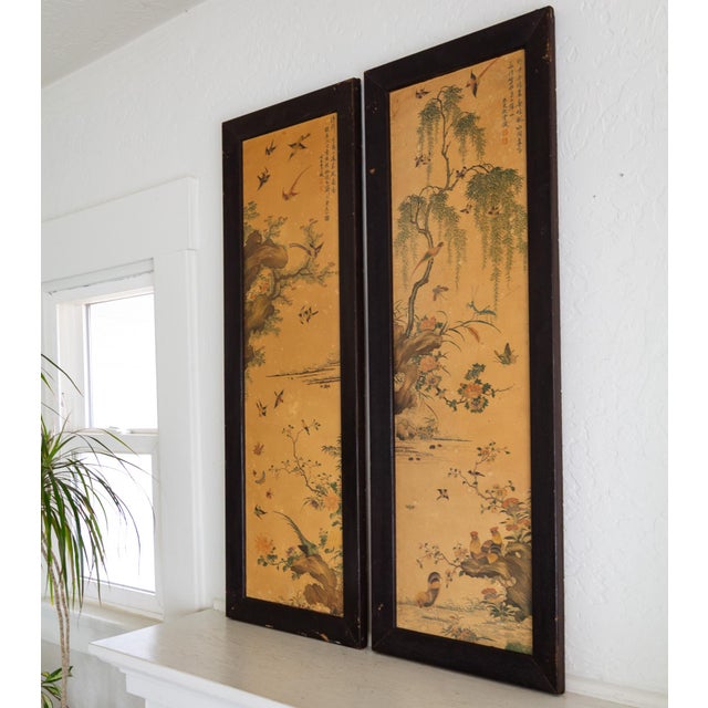 Pair of 1960s Chinoiserie Printed Panels on Wood With Asian Bird Motif For Sale - Image 9 of 14