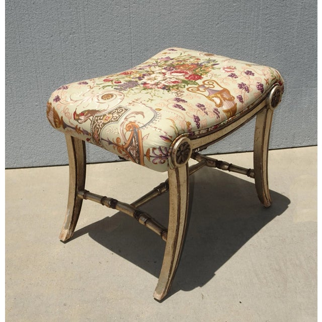 Vintage French Country Floral Vanity Bench W Silver Gilt Base #1 For Sale - Image 4 of 12
