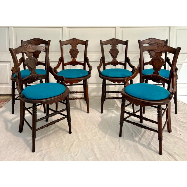 Set of 6 Antique Victorian Eastlake Walnut Dining Chairs With Burled Shield Backs For Sale - Image 15 of 15