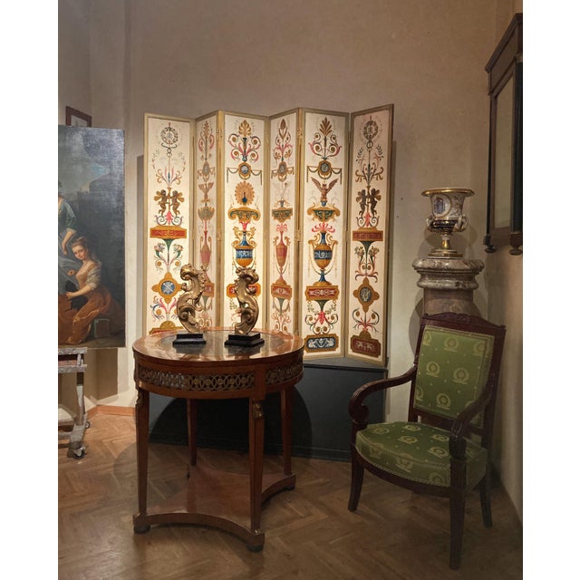 Metal 19th Century Italian Six-Panel Painted Wood Folding Screen in Gilt Bronze Frame For Sale - Image 7 of 16