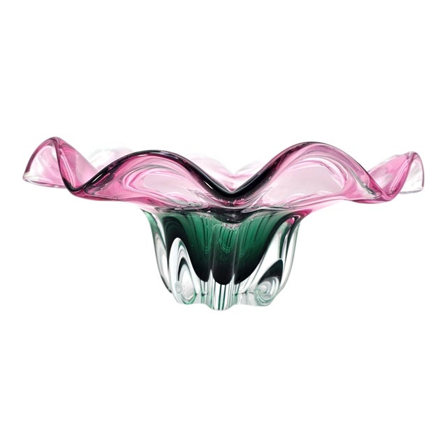 Late 20th Century Murano Style Sommerso Art Glass Ruffled Centerpiece Bowl Pink Green 20" For Sale - Image 5 of 17