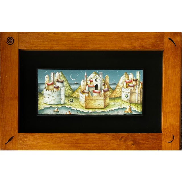 Arts & Crafts Vintage Surrealistic Tempera Painting on Terra Cotta Tile of Castles by Paolo Grinaldi For Sale - Image 3 of 8