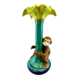 Vintage Majolica Style Monkey Vase With Fluted Lily Form Rim