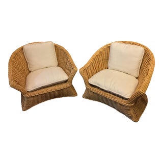 1970s Vintage Woven Rattan Benchcraft Island Style Club Chairs - a Pair For Sale