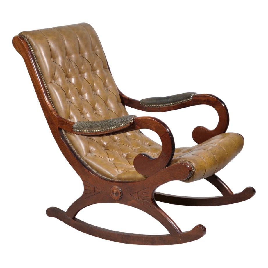 Vintage Chesterfield Rocking Chair in Leather and Wood, 1920s | Chairish