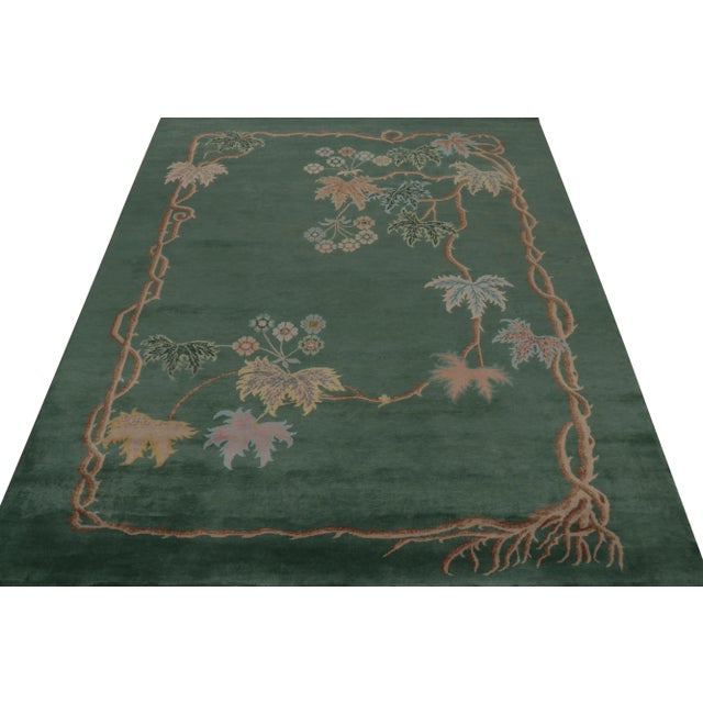 Art Deco Rug & Kilim Chinese Style Art Deco Rug in Green with Brown & Blue Floral Patterns - 12'x15' For Sale - Image 3 of 8