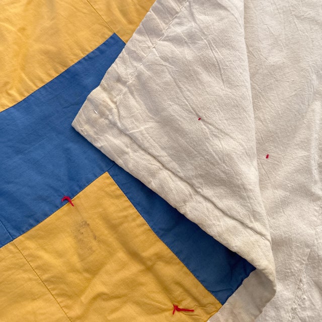 Vintage 1940s Streak of Lightning Cotton Quilt - Blue and Yellow Staircase Geometric Stepped Pattern - 77" X 57" For Sale - Image 18 of 18