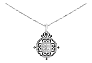 Black Rhodium Plated Sterling Silver 3/4 Cttw Diamond Ornate Medallion Pendant Necklace