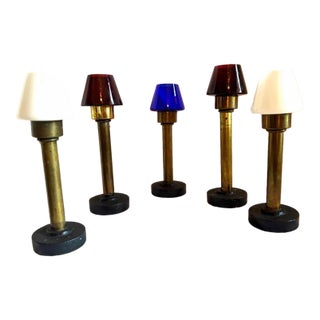 1930 Antique 5 Piece Brass Candlestick Holders With Colorful Glass Shades & Cast Iron Bases. For Sale