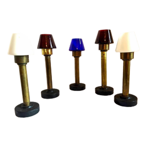 1930 Antique 5 Pieces Brass Candlestick Holders With Colorful Glass Shades & Cast Iron Bases.