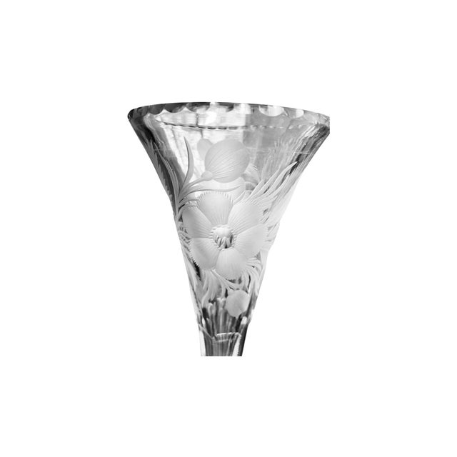 Stunning clear hand blown cut lead crystal glass trumpet vase with exquisite intaglio wheel cut designs of bold styilized...