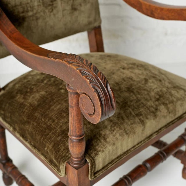 1920s Flemish Velvet & Oak Armchair For Sale In Birmingham - Image 6 of 8