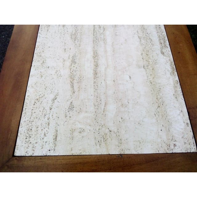 Mid-Century Rolling Bar Cart Travertine Inlaid Top Burl Wood Doors & Brass Accents 48" Long! For Sale - Image 4 of 9