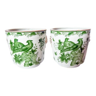 Mid Century Pair of Porcelain Green Bird Cache Pot Planters With Lions Heads For Sale