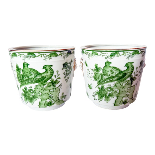 Mid Century Pair of Porcelain Green Bird Cache Pot Planters With Lions Heads For Sale