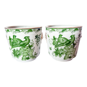 Mid Century Pair of Porcelain Green Bird Cache Pot Planters With Lions Heads