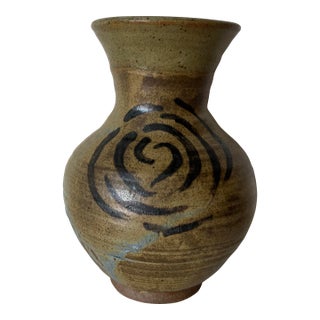 Vintage Organic Abstract Studio Pottery Vase With Hand-Painted Swirl Motif, Signed For Sale