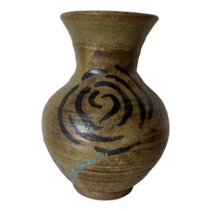 Vintage Organic Abstract Studio Pottery Vase With Hand-Painted Swirl Motif, Signed