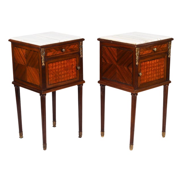 Antique French Parquetry Bedside Tables, 1800s, Set of 2 For Sale