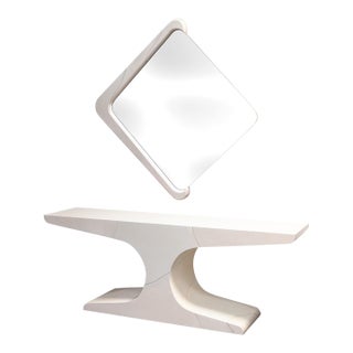 Vintage 1970s Style White Laminate Console Table and Matching Diamond Mirror For Sale