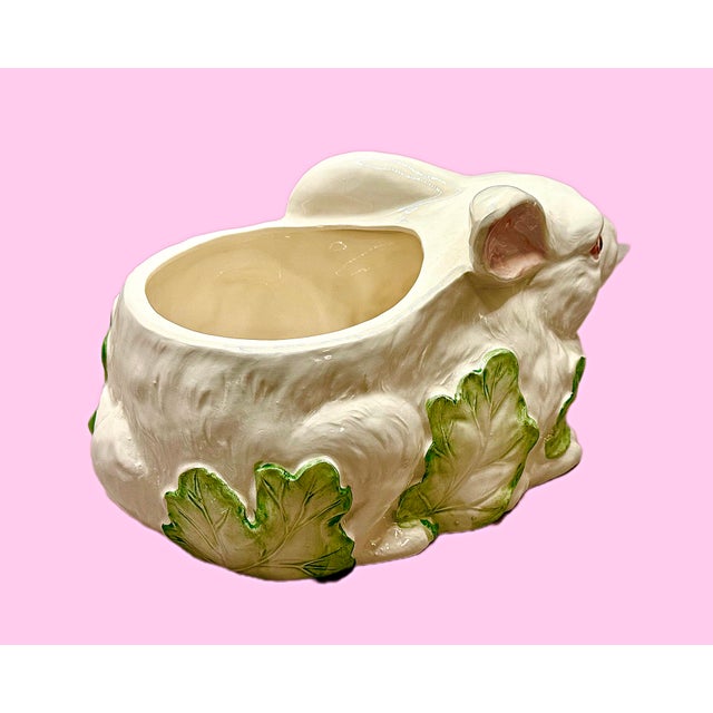 White Vintage Hand Painted Bunny Rabbit Planter in Cabbage Leaves For Sale - Image 8 of 12