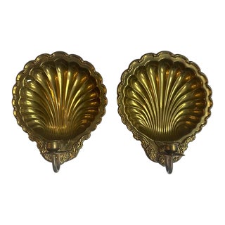 Pair Vintage Hollywood Regency Scallop Shell Brass Candle Sconces, Circa 1950 For Sale