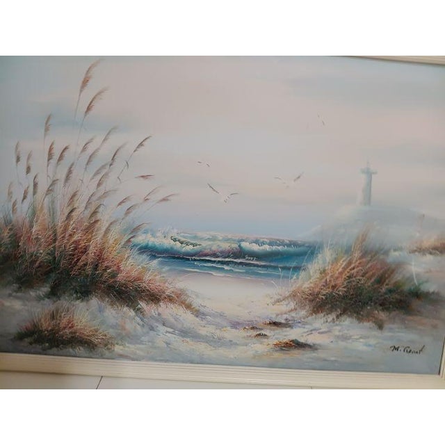 Textile Framed Vintage Seascape Oil Painting on Canvas Lighthouse Sand Dunes by M Grant For Sale - Image 7 of 7