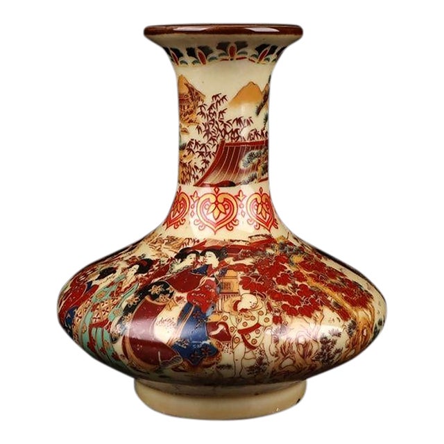 1970s Enamel Porcelain Vase, Flat‑Bulb Shaped Vase Hand‑Decorated With Court‑Ladies & Garden Landscape Scenes For Sale