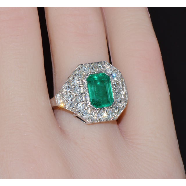 Gia Certified 3.98ct Natural Zambian Emerald & Diamond Tiered Halo Milgrain 18k White Gold Ring, Size 6.5 For Sale - Image 9 of 16